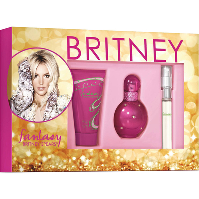 ritney Spears Fantasy Fragrance Gift Set:
Includes: 1 fl oz Eau de Parfum Spray, 1.7 oz Body Souffle, and Purse
Sensual and alluring scent
Combines succulent fruits and white florals
